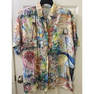 80s Express Women’s Button Down Shirt L Rayon Colorful Watercolor Garden Print